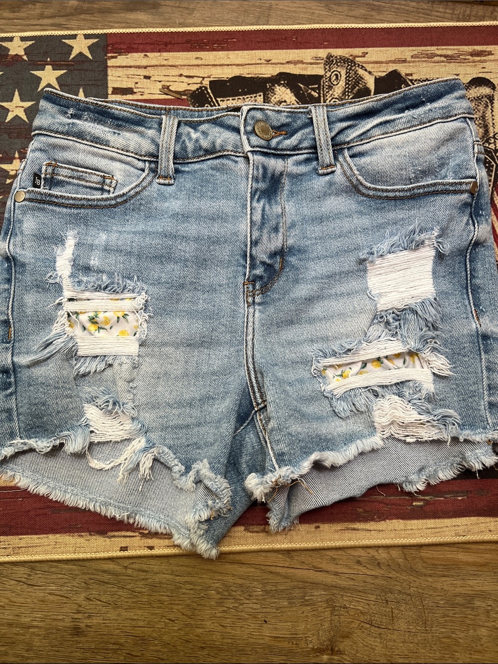 Judy Blue Light Blue Distressed Denim Cutoff Shorts with Lemon Patch Underlay